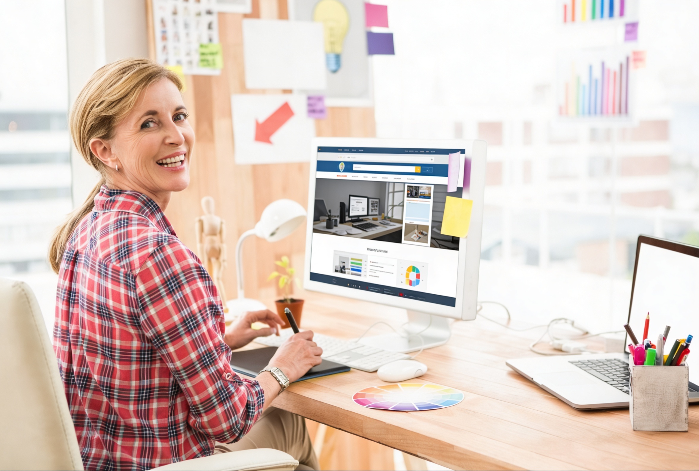 Diseñadora web sonriente trabajando con tableta gráfica frente a un monitor con una página web en un estudio creativo